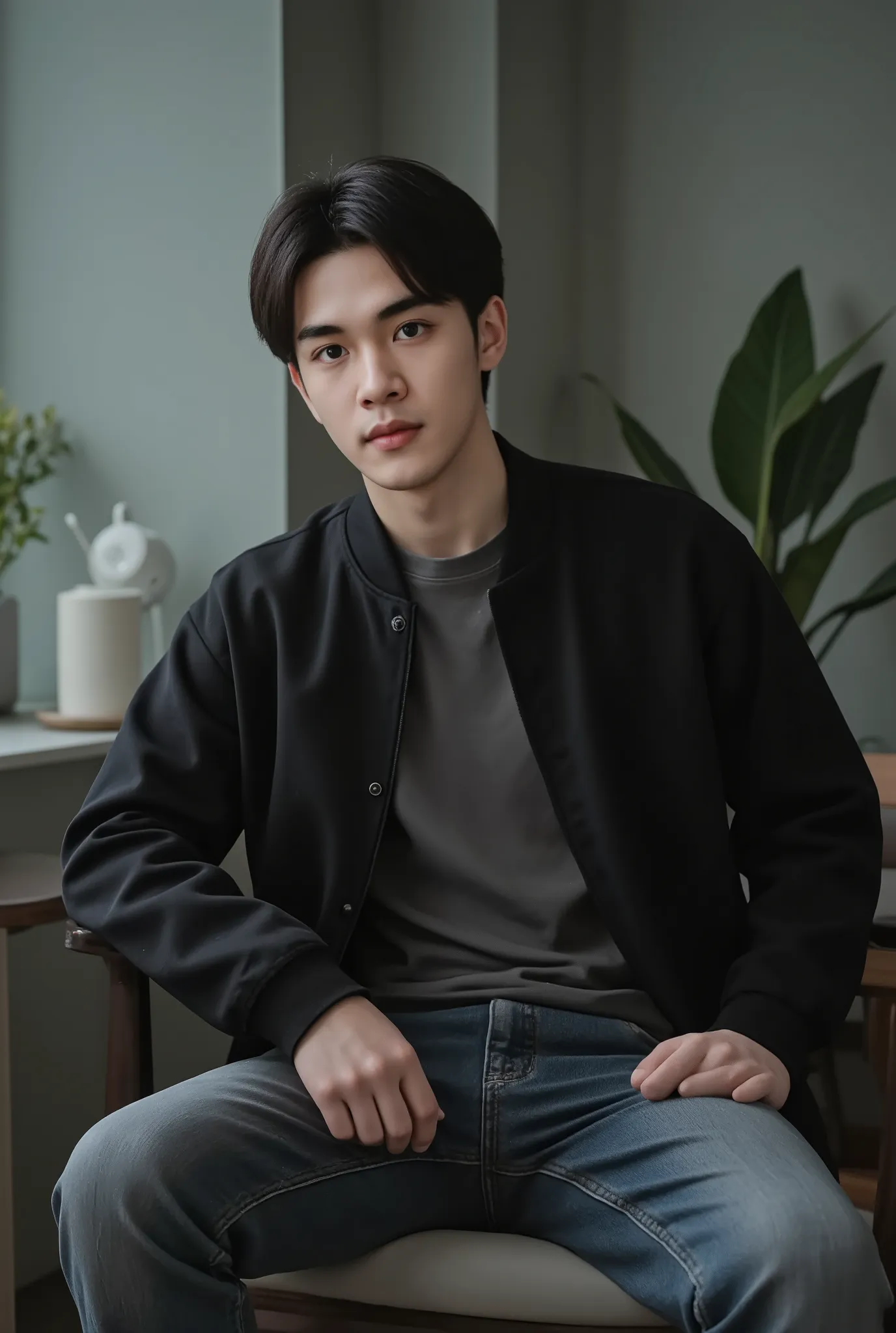 an Asian guy aged 25. wearing a t-shirt black jacket.jeans.is sitting on a chair in a cool room 