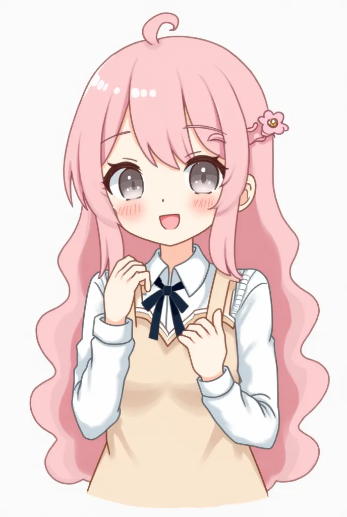 This girl has a delicate and endearing charm, with a look that refers to a style "kawaii" (fofo)  from anime.  her hair is long,  soft and slightly wavy , with a pastel shade of light pink that transmits a sweet and dreamy aura. A long, divided fringe part...