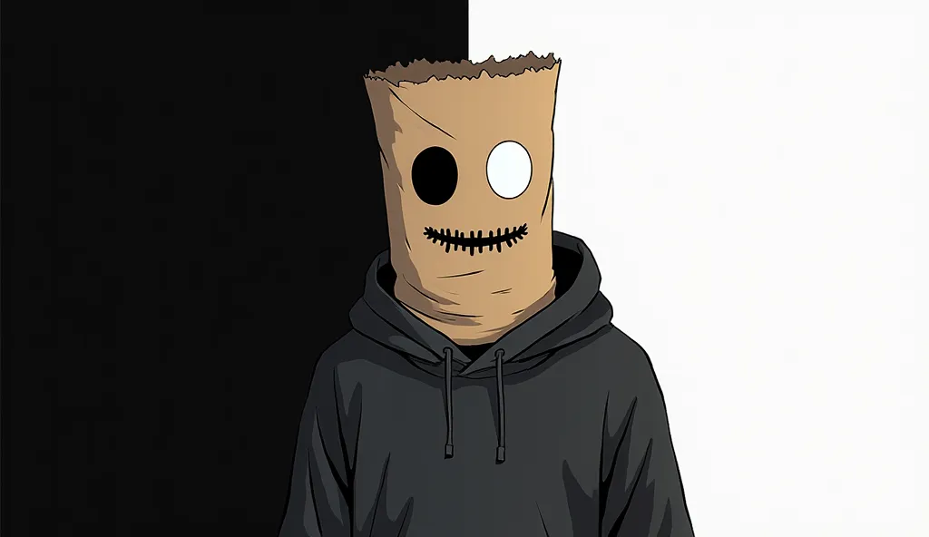 A digital illustration of a mysterious character wearing a paper bag mask. The bag is slightly crumpled with a jagged, hand-drawn mouth and asymmetrical eyes—one black and one white. The character is dressed in a dark oversized hoodie with subtle shading a...