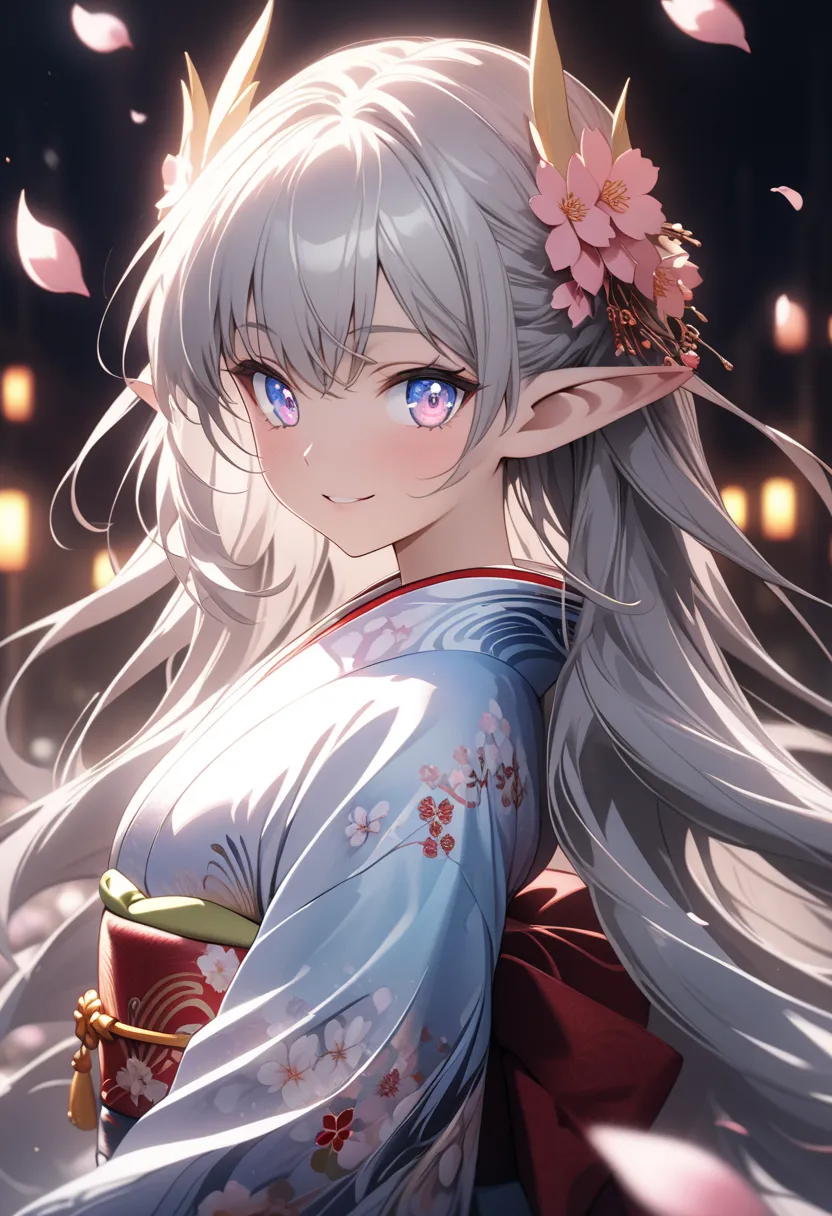 young anime girl, A stunning anime girl with long flowing silver hair, wearing a beautiful kimono, standing under cherry blossom petals, looking at the viewer with a gentle smile, highly detailed eyes, (elf girl, elf ears, beautiful detailed face), vibrant...