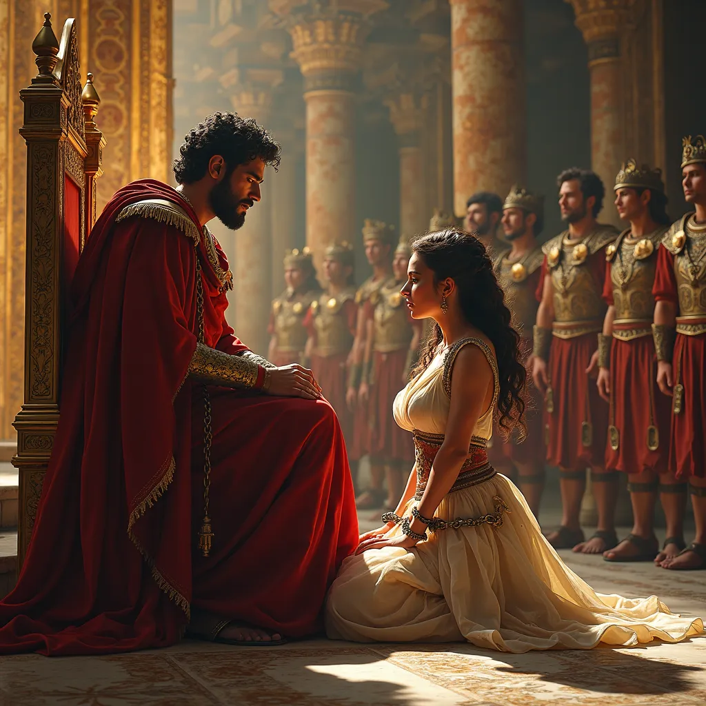 A stunning and emotionally charged historical scene set in the great palace of Palmyra. (((Long shot scene with characters seen in profile, side shot)))). The mighty Roman Emperor Aurelian, swathed in his crimson imperial cloak, sits upon a majestic golden...