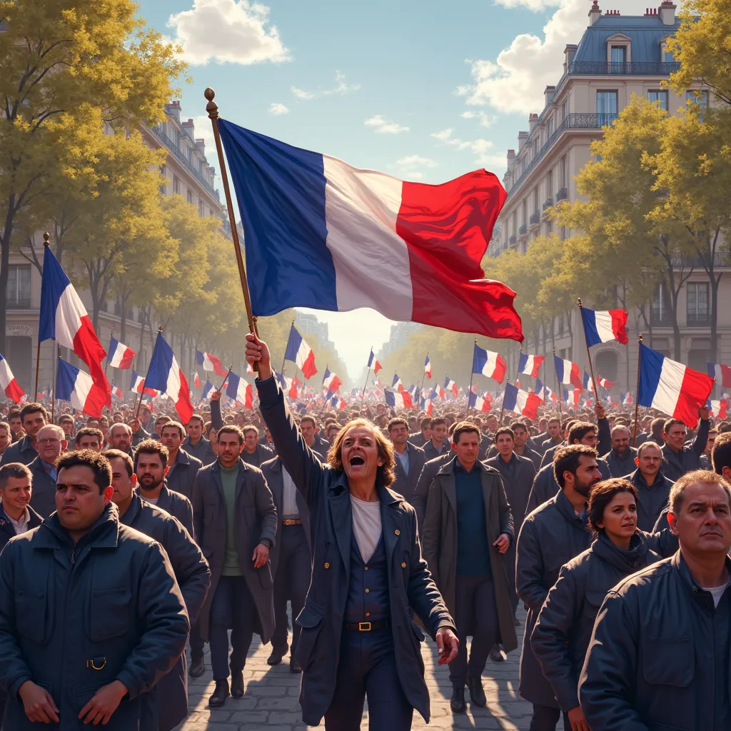 Des patriotes qui defilent fierement  dans paris avec leur drapeau français avec une banderole marque tous unis les patriotes de droites pour la France 