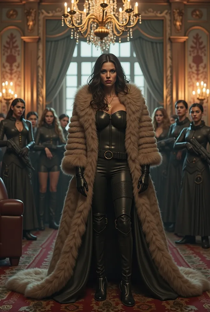 I need armed women in the background inside a mansion with their leader dressed in a fur coat showing power with the light-colored coat and the blonde front-line woman. 