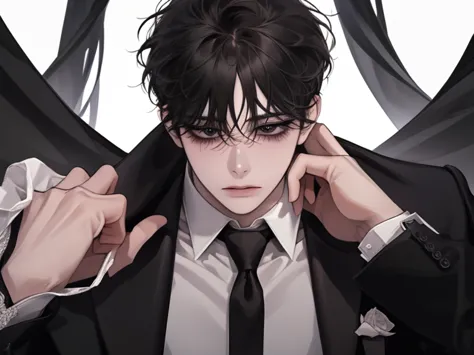 male, solo, adult, pale_skin, fair_skin, muscular, tall,black hair, No decoration, (swept bangs), loose shirt, (simple Three-Piece Suit), black eyes, tsurime, sanpaku, slanted_eyes, formal_dress, long_coat, ((flustered)), (confused),(hand_to_mouth), multip...