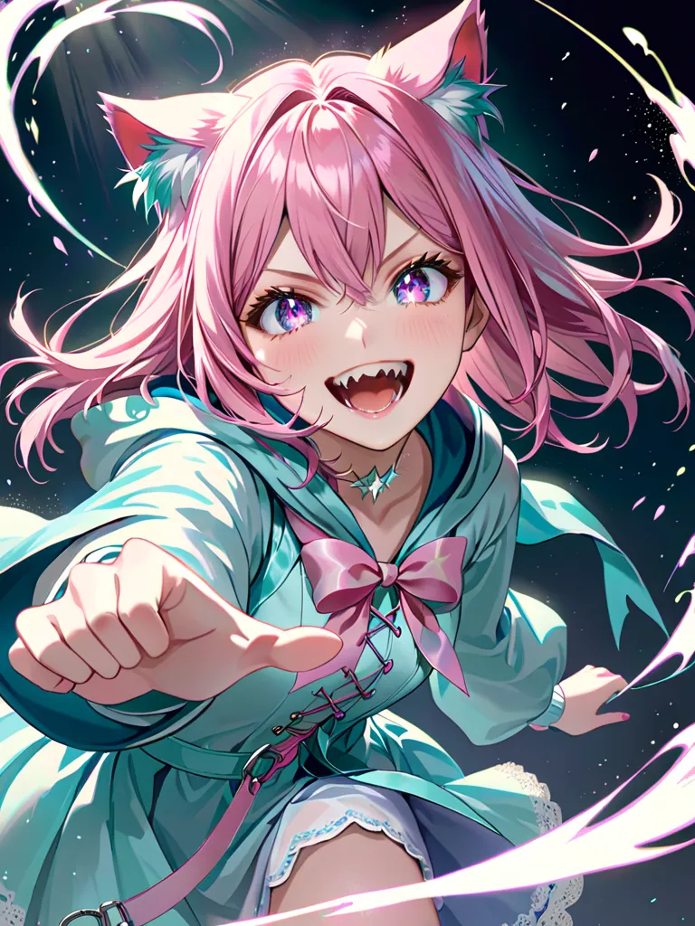 (pink bob hair)To(Pink cat ears)The girl who grew, has purple eyes shining mysteriously、口元Toは鮫のような(ギザギザのteeth)has a smile that makes her look out。(((sharp teeth))), (teeth, tooth, toothを見せる), action pose, 星モチーフの髪飾りが風To揺れ、star necklaces sparkle around her n...