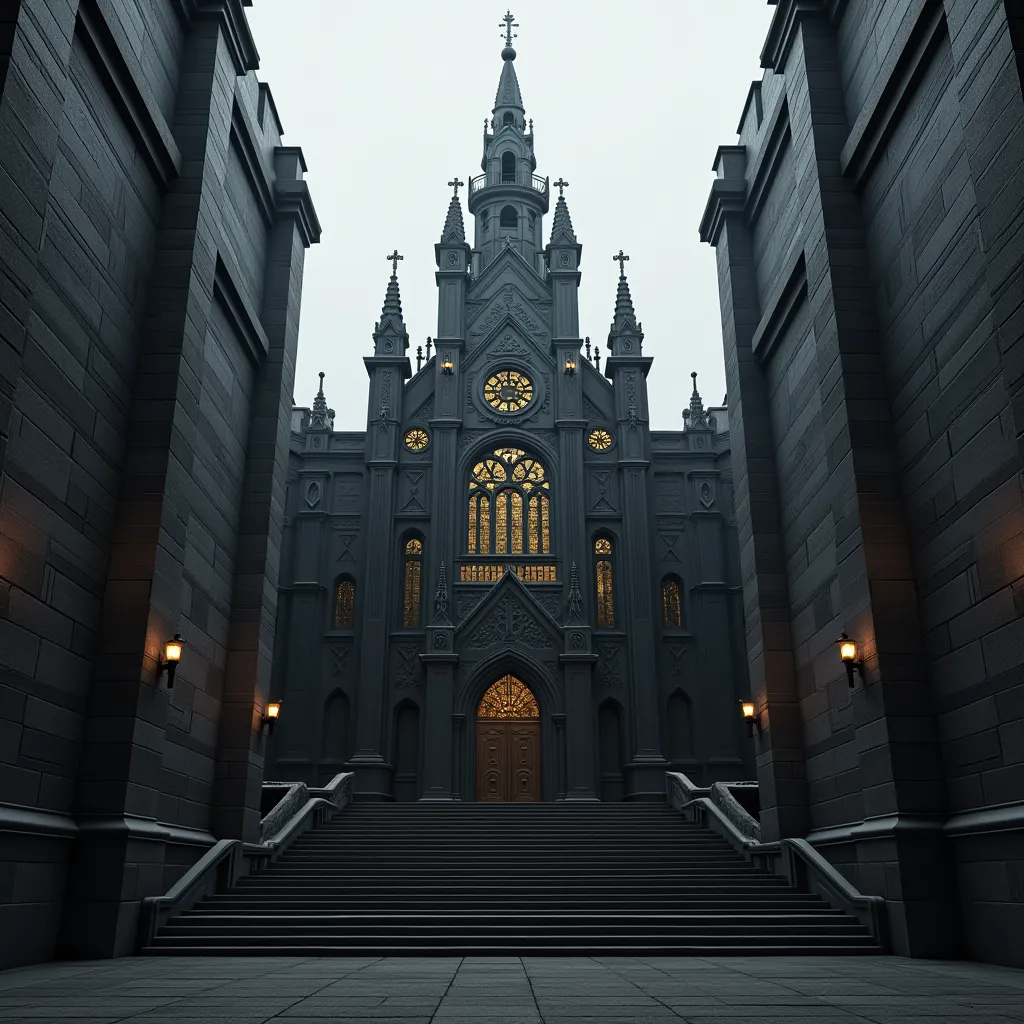 A black and silver church that says in gold letters "The Mafia Church" and that looks very elegant, in the middle of a fortress.