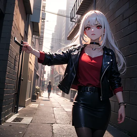 Raising a knife in the middle of the night in an alley and looking down with disdain, A tall female assassin with long white hair, red eyes, and sharp eyes wearing a black leather jacket and a plain leather skirt over a white t-shirt and wearing a choker