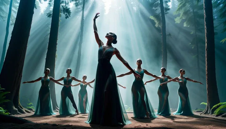 générer une image qui fait référence à la création du monde selon la Genèse avec un ton mystérieux et sombre avec une main céleste avec un groupe de danse, placé dans la paume de cette main 