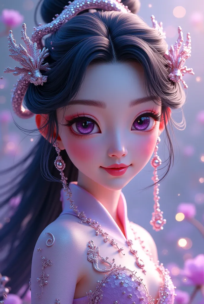 Beautiful Chinese woman Big round eyes, purple, long hair, silver hair, wearing silver, silver, silver dragon, 3D cartoon