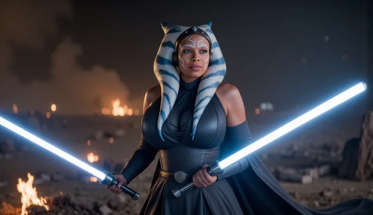 Ahsoka Tano with huge breasts and muscular body stands poised for battle, her dual white lightsabers ignited, casting a bright glow against the dimly lit battleground. Her blue and white lekku (head-tails) flow behind her, caught in the momentum of her mov...