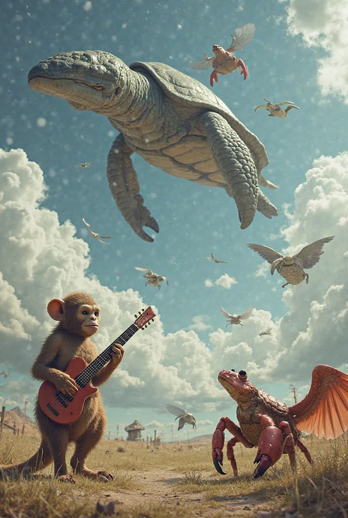 In an image that looks realistic, he generates cangos scratching his head, Winged with them a crab playing a guitar and in the air a turtle and a flying whale