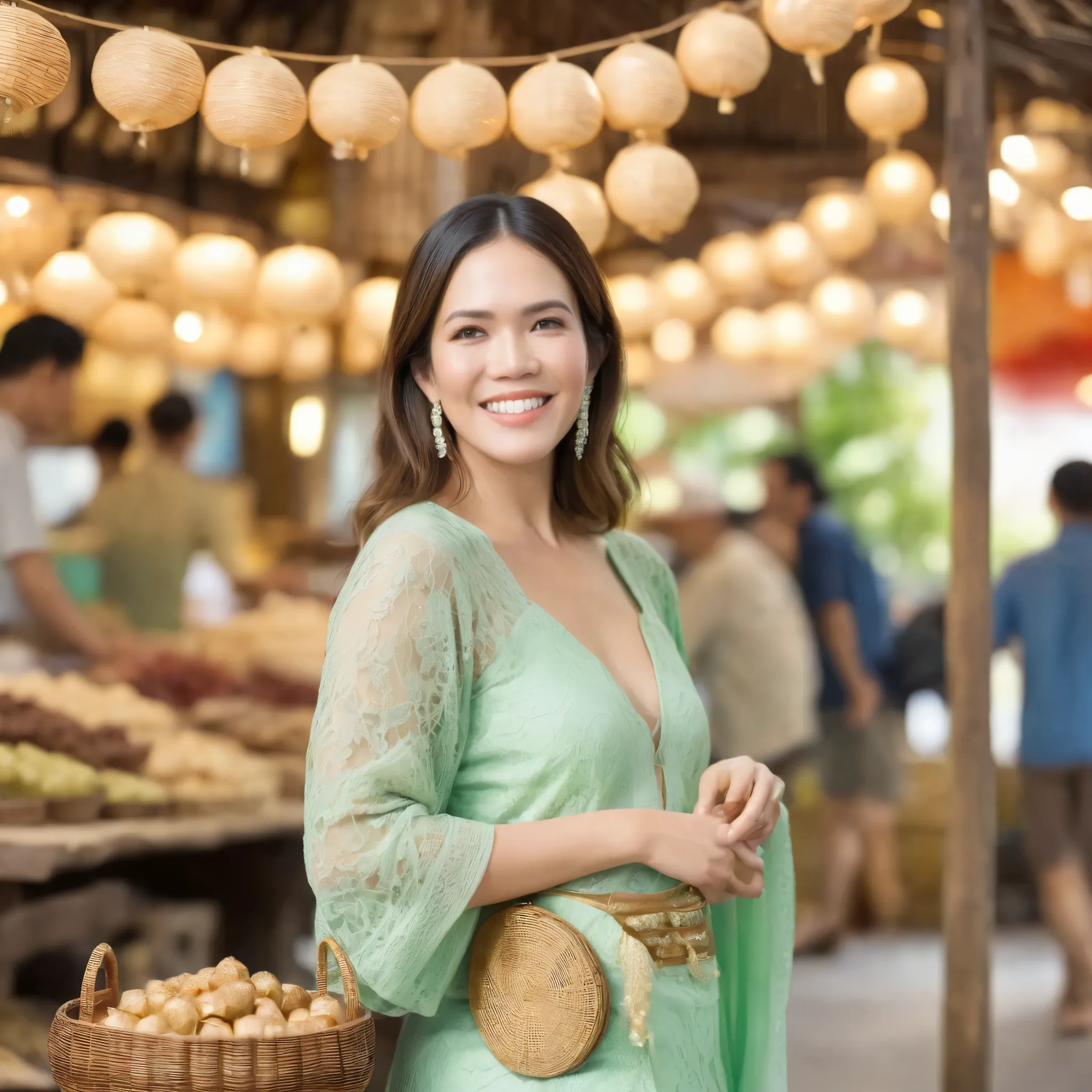 best quality, highres, 8k, masterpiece, photography, detailed midbody photorealistic portrait. Mandy Moore walks through Geylang Serai, wearing an elegant pastel green lace lingerie set inspired by the baju kurung, featuring a soft lace bralette with long ...