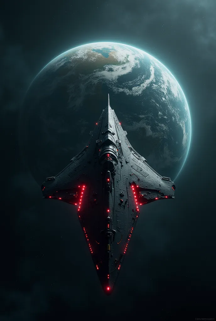 The Earth in dark space, black war spaceship with red lights before Earth