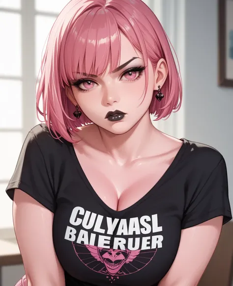 Girl with pink skin, pink skin color, dark pink hair, bob with bangs haircut, bob with bangs, short hair, Black eyeshadow, black eyeliner, black lipstick, black earrings, pink eyes, Black nails, Black t-shirt with cleavage, cleavage, pink shorts, serious, ...