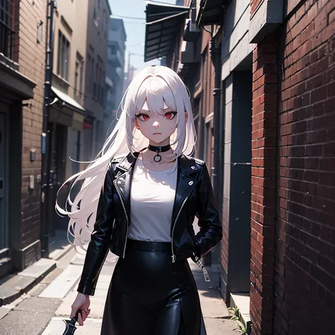 Raising a knife in the middle of the night in an alley and looking down with disdain, A tall female assassin with long white hair, red eyes, and sharp eyes wearing a black leather jacket and a plain leather skirt over a white t-shirt and wearing a choker