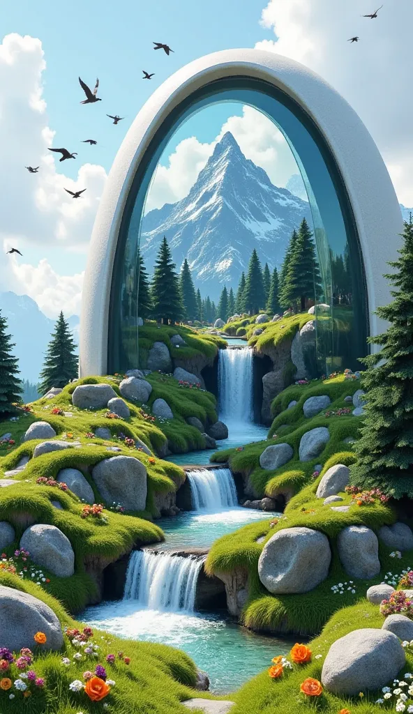 Ultra-detailed digital art of curved surreal buildings，Future Style，The building occupies 80 of the image's height%，The surface of the building is a miniature mountain view pattern， realistic style ，The content is snowy mountains and peaks(#FFFAFA)，evergre...