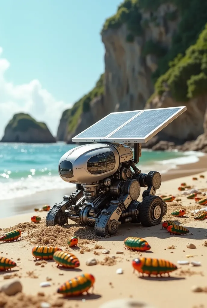 robot beach cleaner with caterpillars and solar panel