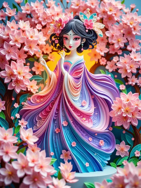 (paper art, Quilted paper art, geomerty), 1girl, gradient color cherry blossom fairy, extreme makeup, three-dimensional, rich colors, bright light, extreme detail and texture, HD, masterpiece, long shot, full body