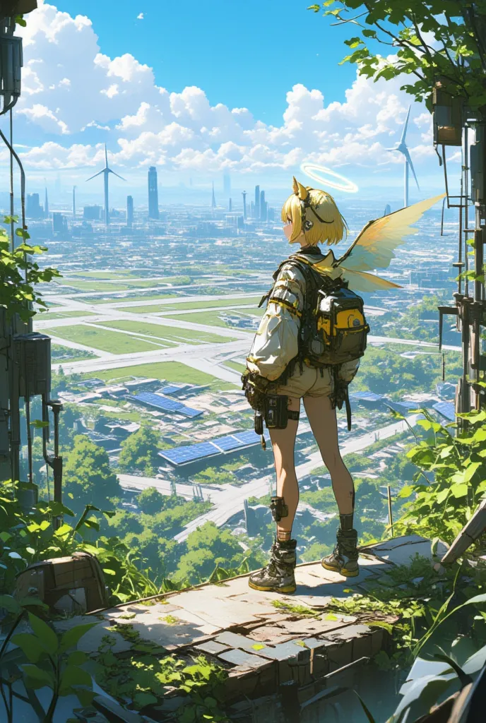 post-apocalyptic solarpunk world, where nature has reclaimed an abandoned airport. A young girl stands on a high vantage point, overlooking the vast airport ruins, now covered in lush greenery and solar panels. The cracked runways are filled with overgrown...