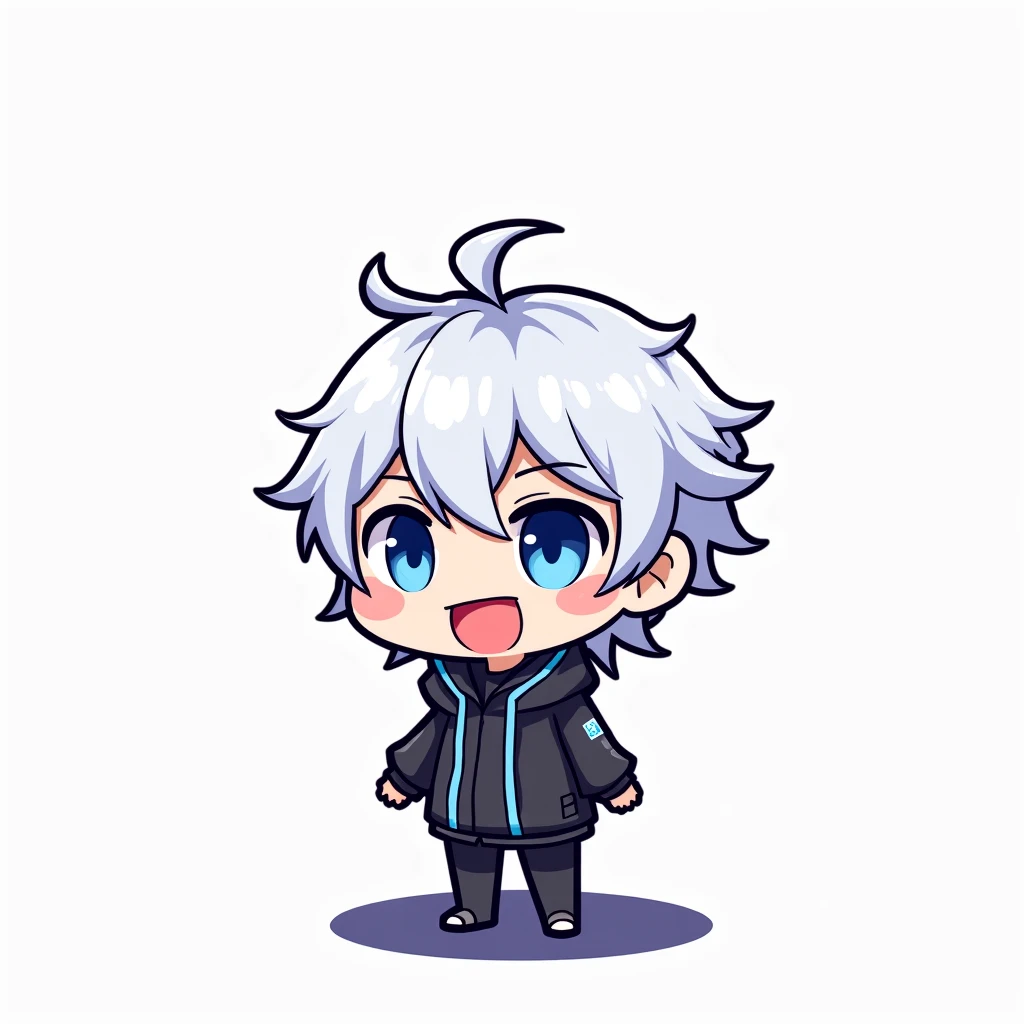 create an emojy for twitch, chibi style, chibi character, with various facial expressions, white hair and black clothes, blue eyes, solid color in the background, no headset, cartoon, with a black line around him, just the head and the shoulders, can show ...