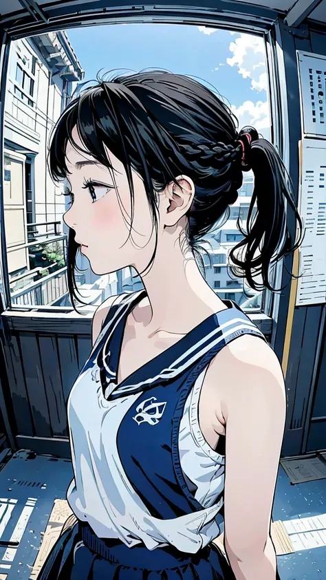 fisheye lens、shot from above、Famous Paintings、Optimal quality、High school girl wearing a dark blue sports bra、Very depressed、Black hair pigtails 、braids、full bangs、Look down、profile in landscape orientation from、upper body、 moderate bust、Portrait inspired ...