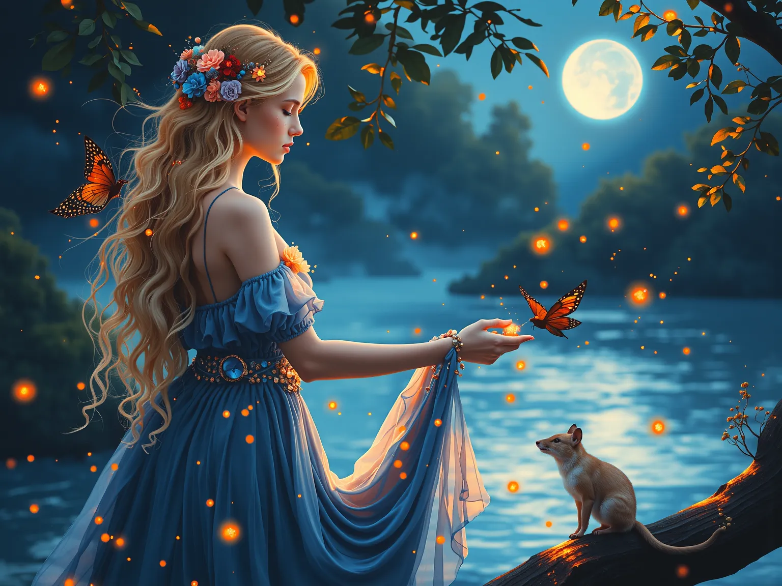 she stands in a serene, moonlit grove beside a shimmering lake, her porcelain skin glowing softly under the silver light. Her hair shifts between summer blonde and winter brunette, cascading in soft waves down her back, with faint carnation highlights catc...