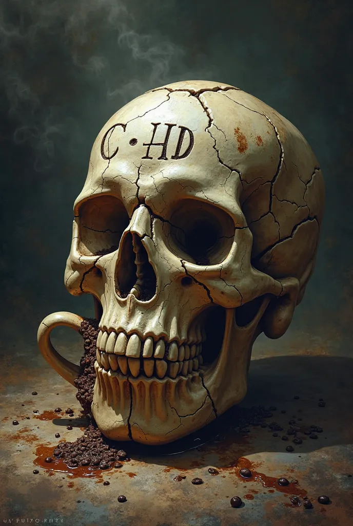 A cup of coffee, shaped like a skull that is breaking and has the initials C H D