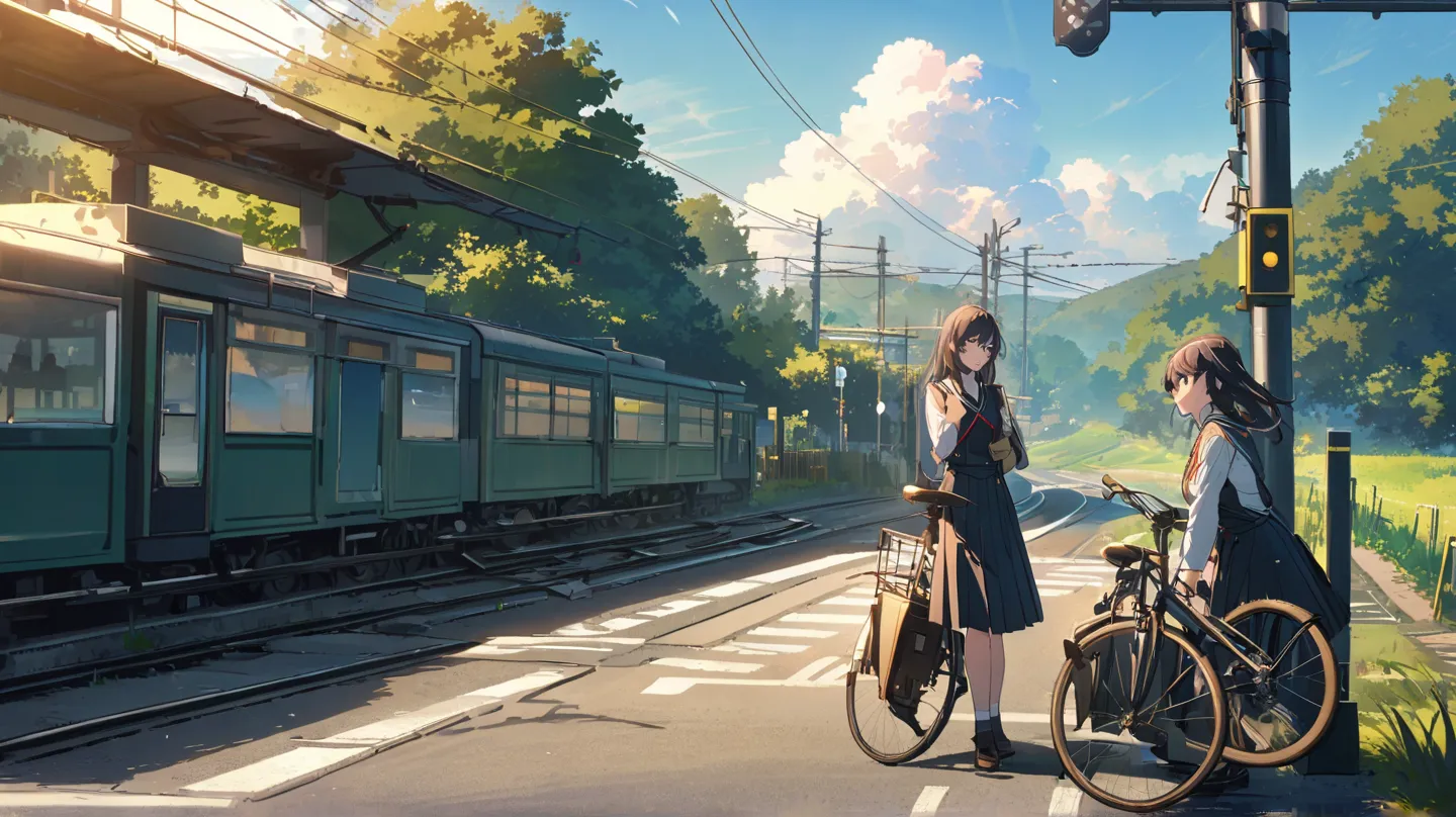 Japanese railroad crossing 、countryside、female high school students、uniform、the circuit breaker is going down、blue sky、I'm getting off my bike and waiting for the train、high image quality、