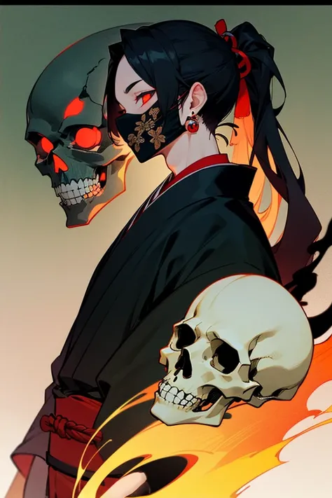 1boy, japanese_clothes, black_hair, kimono, earrings, jewelry, long_hair, mask, colored_sclera, floral_print, glowing_eyes, skull, red_eyes, glowing, sash, from_side, upper_body, solo_focus, obi, black_kimono, ponytail