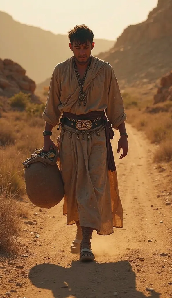 The young man, dressed in a more elaborate tunic and an adorned belt, walking slowly down a dusty road into the dark. He carries with him a sack full of coins and jewels, dragging his belongings. Around you, the landscape is arid and desolate, with rocky h...