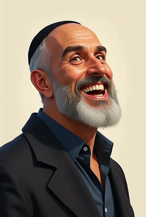 A handsome, religious Jewish man who you can see from head to toe. And he leans slightly to the right. He smiles and is excited.