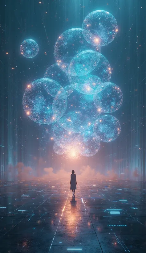 A futuristic visualization of wireless energy transmission, with glowing orbs of light floating in the air, symbolizing his dream of free energy for all.