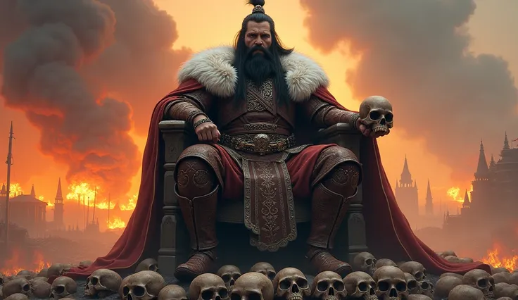 The Mongol Khagan, with long black hair, a stern look, leather armor, and a white wolf pelt on his shoulders, holds a skull in his hand on his throne built on skulls. The city behind him is burning.