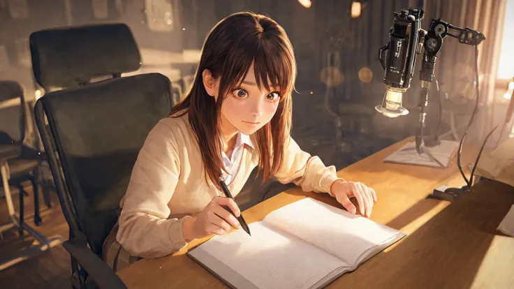 best image quality,high school girl,Girls Room,machine,chair with a notebook in hand,try as hard as one can,sitting next to each other studying,Beautiful Girl,Realistic 3D Rendering,Light effects,Delicate Textures,Soft Bokeh,Warm colors,A warm atmosphere,P...