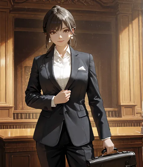 best quality, masterpiece, ultra-detailed, 8k resolution, professional female lawyer, wearing a tailored black suit, white blouse, pearl earrings, holding a leather briefcase, confident expression, standing in a courtroom, cowboy shot, realistic lighting, ...