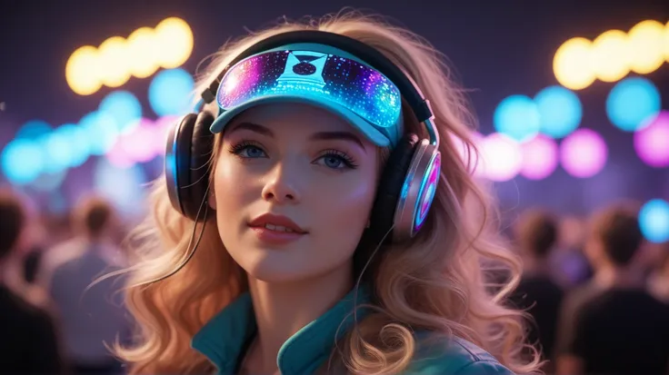 
Create a masterpiece featuring a fully clothed female DJ in a dreamy, magical setting. The image should be detailed and high-resolution (8k) with a soft, blurry background that enhances the subject's focus. The girl, wearing headphones and mechanical head...