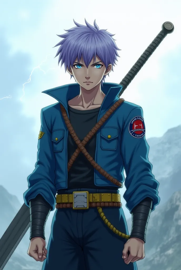 A lone warrior stands atop a rugged mountain peak, his piercing blue eyes scanning the horizon. The wind howls around him, rustling his short lavender hair as storm clouds gather in the distance. He wears a tattered blue jacket, battle-worn yet resilient, ...