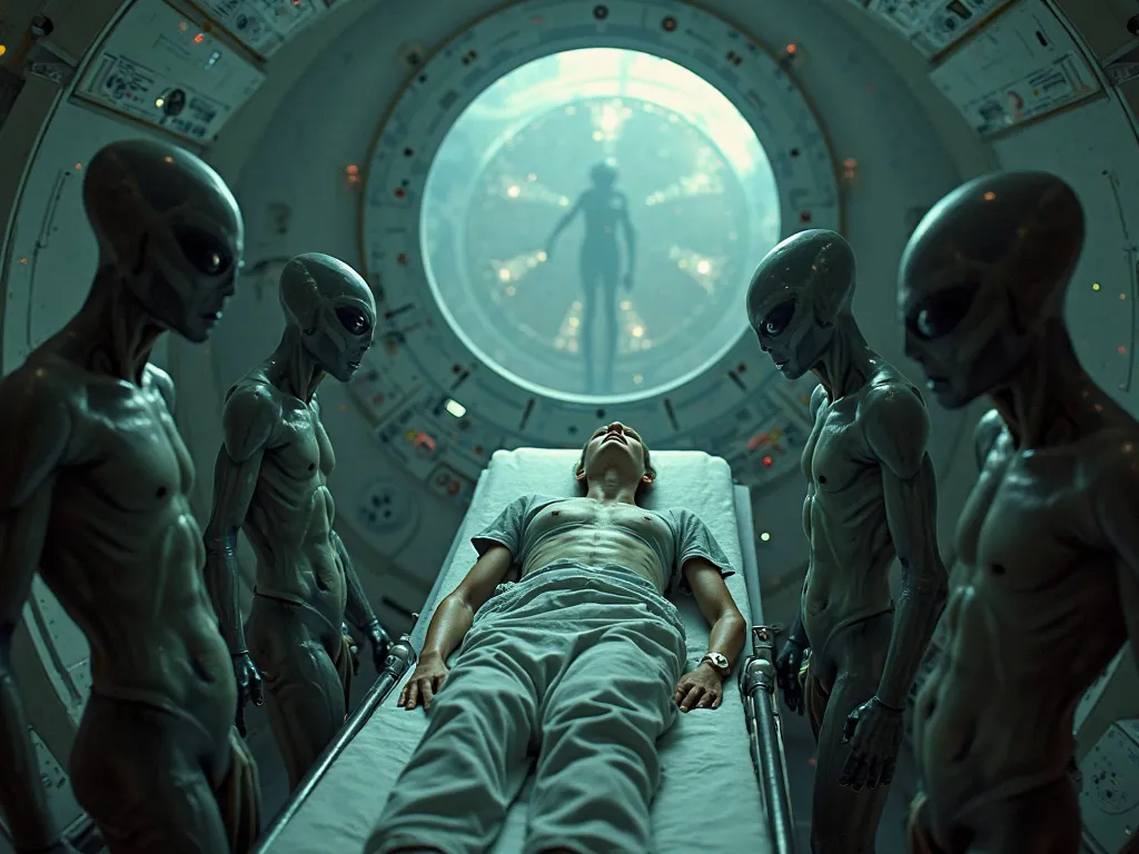 dancing,  8K Ultra HD, extreme sharpness ,  extreme realism. Classic scene of a person abducted by aliens, lying on a stretcher and surrounded by alien beings inside a UFO.