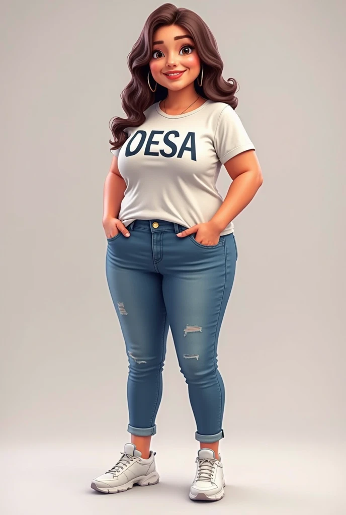 create 3d photo of young beautiful chubby women in cambodia 30 years old , shoulder lenght and beautiful hair, stylish t-shirt with the text "DESA" on the shirt, stylish jeans pants. standing, her left fist in her left pocket. sneaker white, full body, car...