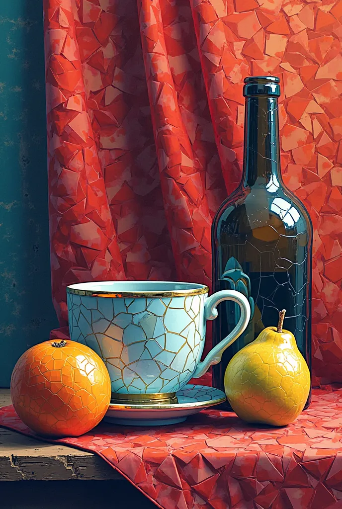 A cup, mug, glass bottle with some fruit in the foreground. A red cloth piece in the background. It is a still life illustration with mosaic style. Very vibrant colours. Art in mosaic style. 