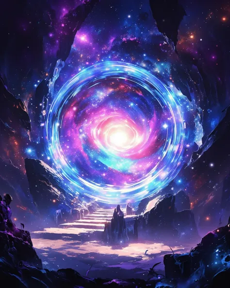 A glowing portal, luminous,  multicolor portal, translucent, Inside the portal shines mysteriously,  universe setting, shining stars, galaxy, to another dimension,  (masterpiece, best quality:1.2) 