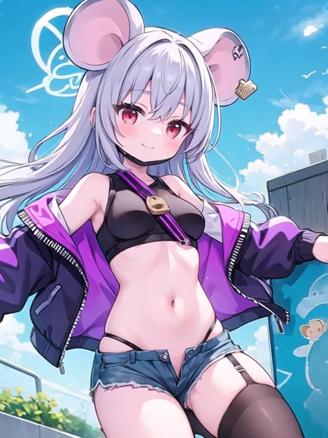 1girl, solo, masterpiece, best quality, good hands, very long hair, sayacasual, animal ears, mouse ears, red eyes, grey hair, halo, mouse girl, crop top, cropped vest, black vest, purple jacket, off shoulder, short shorts, denim shorts, single kneehigh, bl...