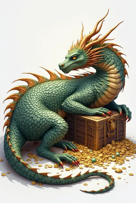 A reclining dragon, he sleeps with one paw resting on a treasure chest. Le fond est blanc