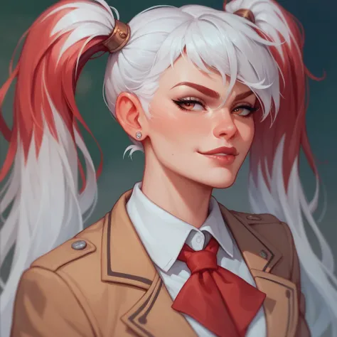 Alexia Midgar, the eminence in shadow, school_uniform, white hair, ponytails, red hair, confident look