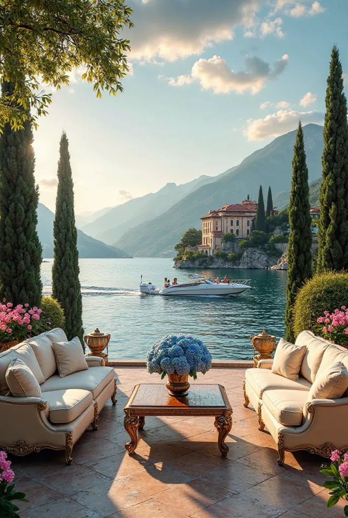 A luxurious lakeside terrace with elegant cream-colored sofas adorned with plush cushions, set against a breathtaking backdrop of a tranquil lake. A wooden coffee table with intricate gold detailing holds a vase of fresh blue hydrangeas. The terrace is sur...