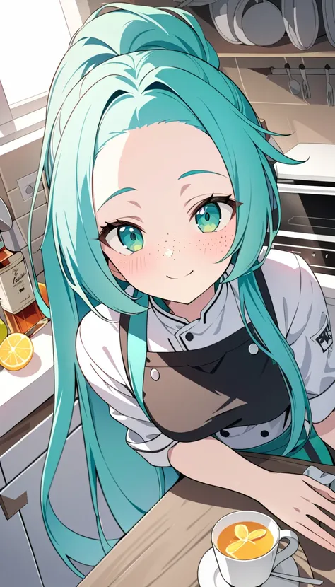 (Masterpiece), (best quality), (expressive eyes), (perfect face), (8k), (extreme detail), (illustration), (absurdres), (highres), (ultra detailed), Hatsune Miku, green eyes, long hair, ponytail, ((freckles)), (forehead), (she is a chef), chef outfit, indoo...