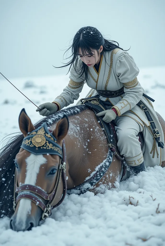 Inserted into the soft, weak ground,堕落したJapan人の白い服の女性騎士が馬に乗り倒れる,Horses being taken by soft geology,猛Snowstorm，night,Slay backwards:2.0,the horse on it is disheveled and falls in a flashy manner,Japan,Unlucky,whipping,training,A horse carrying a woman falls...