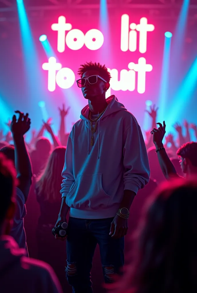 A high-energy party scene with neon lights, a vibrant nightclub atmosphere, and people dancing under flashing strobes. The main focus is a confident young artist standing in the center, wearing stylish streetwear, sunglasses, and holding a mic. The crowd a...