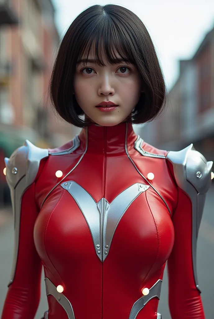   Front View from Below 、(赤のUltramanスーツ)、:18 points、big breasts、 medium hair、Ultraman、Genuine、Genuineistic、cinematic lighting、girl in a shiny red and silver suit、、Professional Photos、don't expose my skin、Japanese models、Japanese CGI、Ultramanスーツ、、 Power Ran...