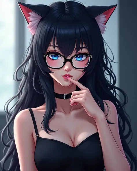 A anime cat-eared lady with a slightly cold and elegant demeanor, long wavy black hair, and blue eyes. She wears a black spaghetti strap top, glasses, and gently bites her index finger.